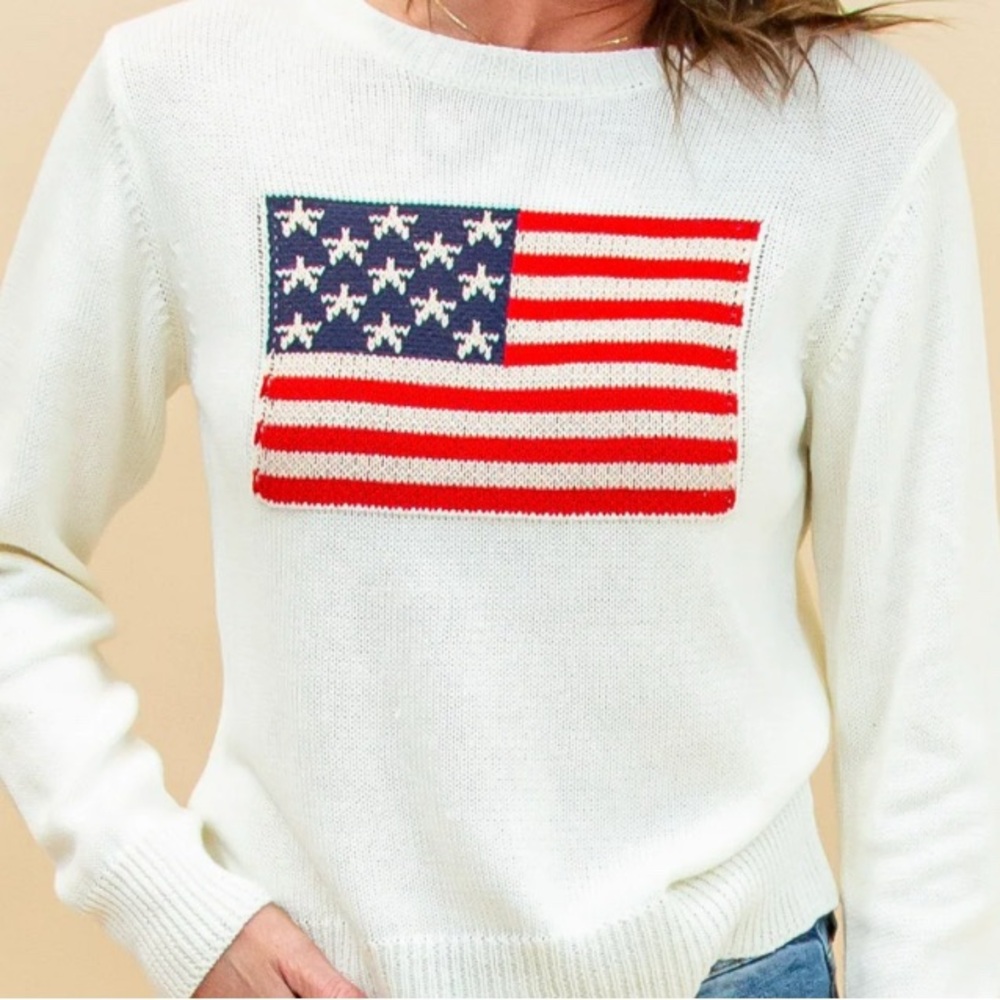SERRA pullover style Women's White Sweater with American Flag Design.
